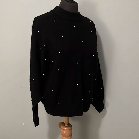 H&M Womens Black Faux Pearl Embellished Mock Neck Wool Blend Pullover Sweater XS - Picture 4 of 8
